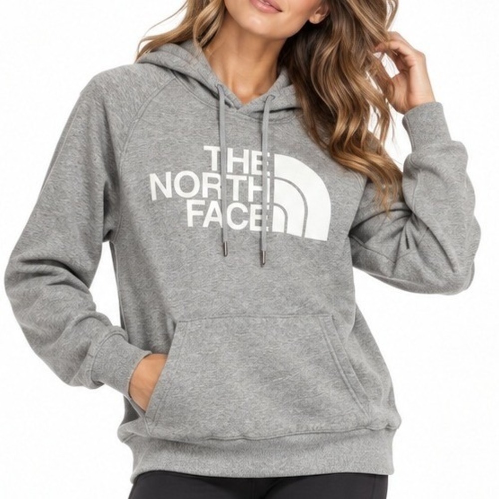 The North Face Womens Gray Logo Pullover Hoodie Size Small Heathered Fleece